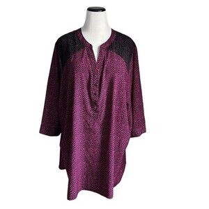 Catherines Fuschia & Black Blouse with Lace on Shoulders 3/4 Sleeves Size 4X